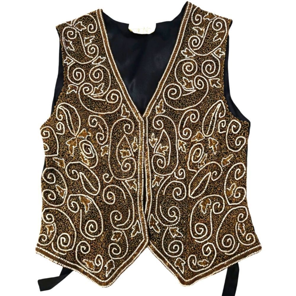 Vintage Cache Beaded Vest in Black and Gold Sz M